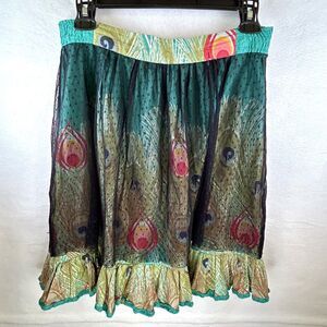 Desigual Short Skirt Peacock w/ Mesh Overlay Sz S whimsical festival funky indie